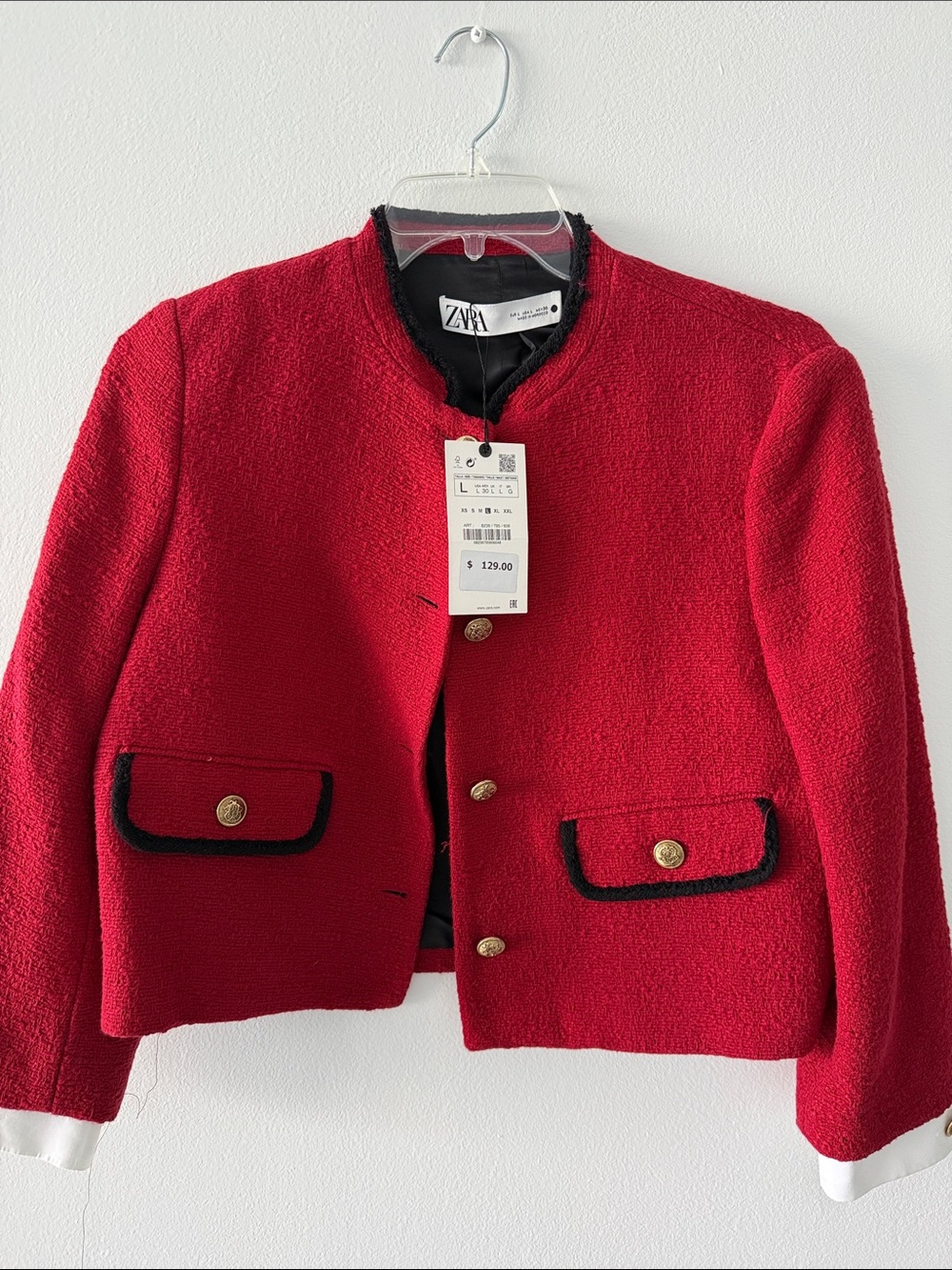 Zara Red Tweed Cropped Jacket with Black Trim and Gold Buttons